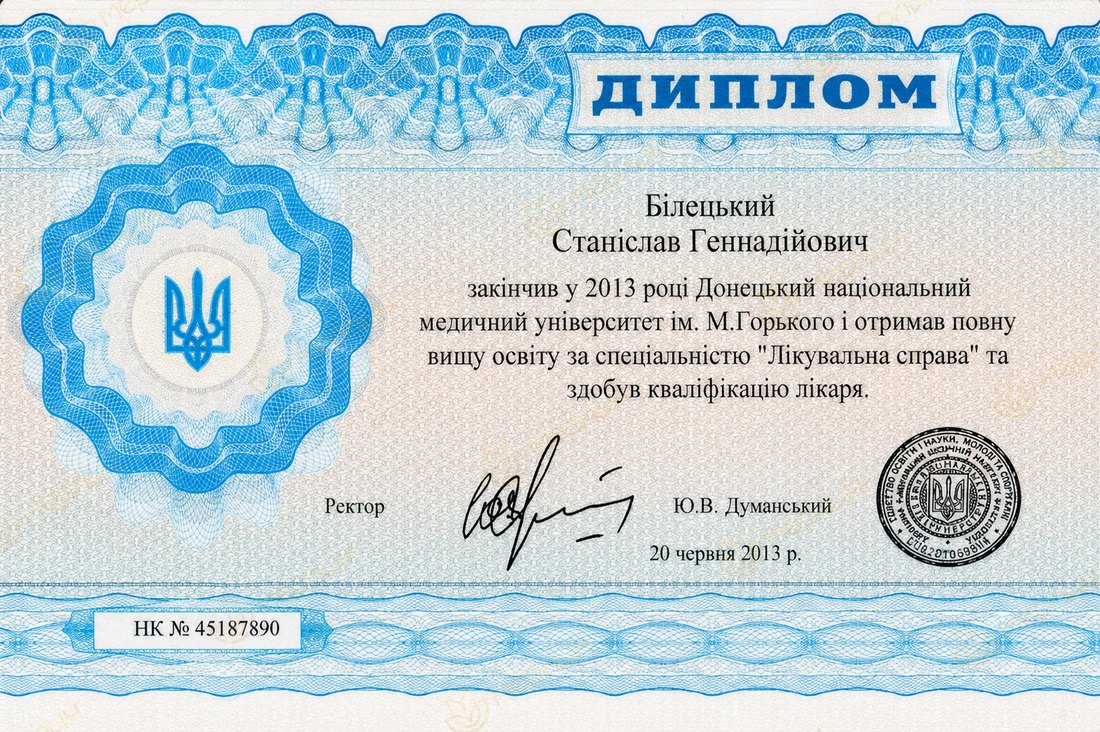 Диплом врача: лечебное дело (Донецкий НМУ им. М. Горького, 2013)